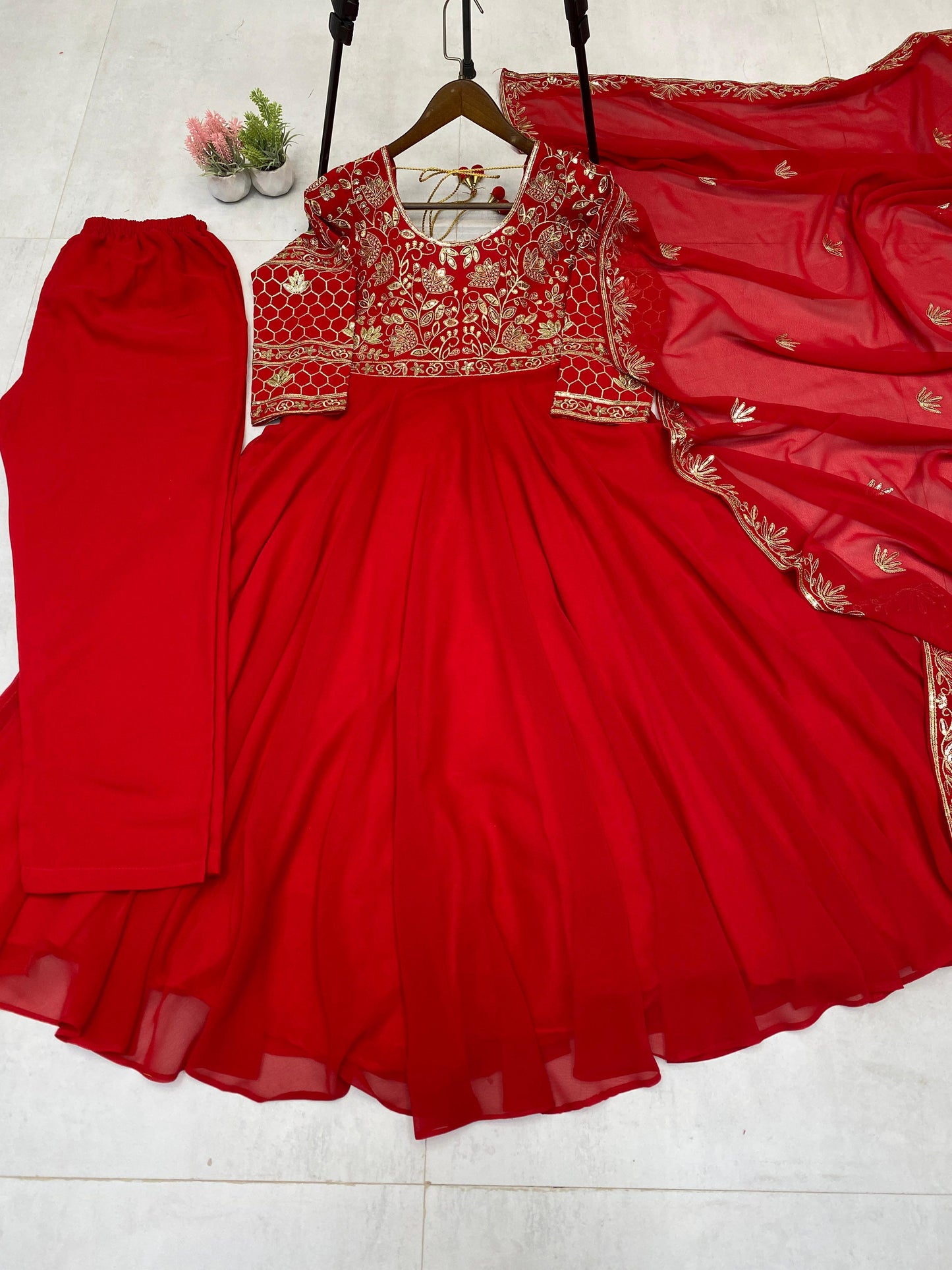 embroidered gown and pant pair with dupatta in georgette