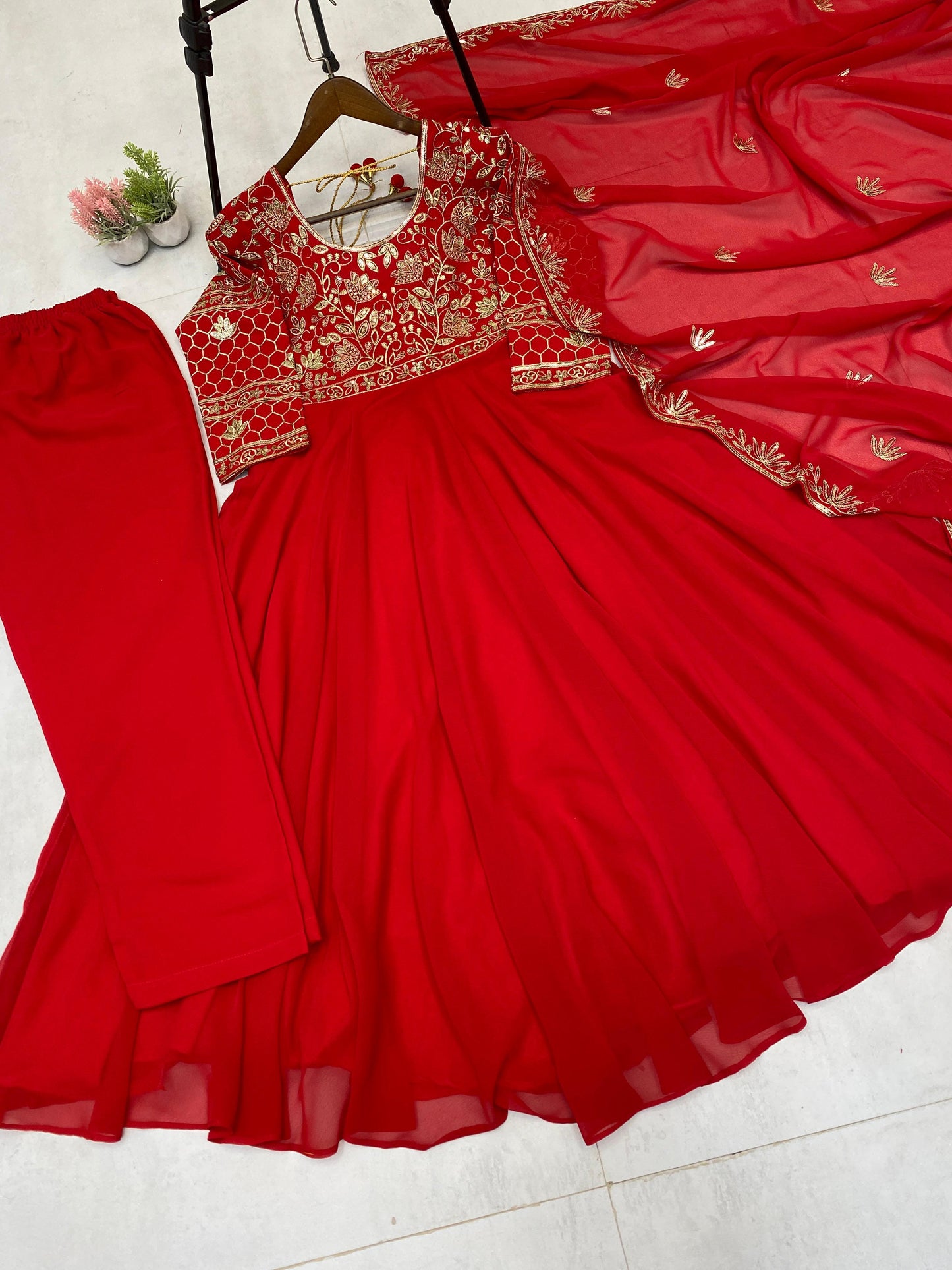 embroidered gown and pant pair with dupatta in georgette