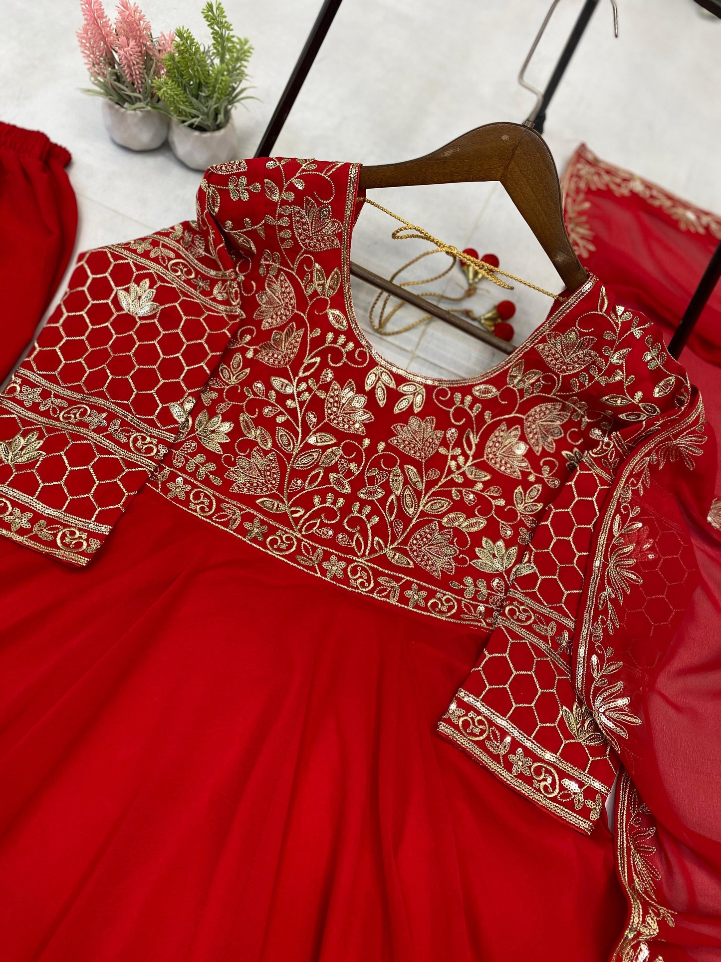 embroidered gown and pant pair with dupatta in georgette