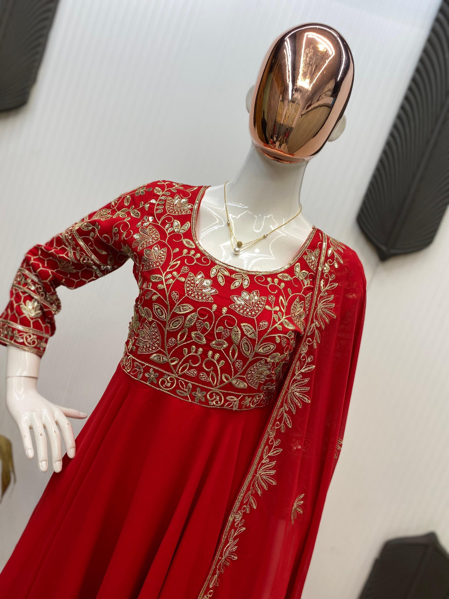embroidered gown and pant pair with dupatta in georgette