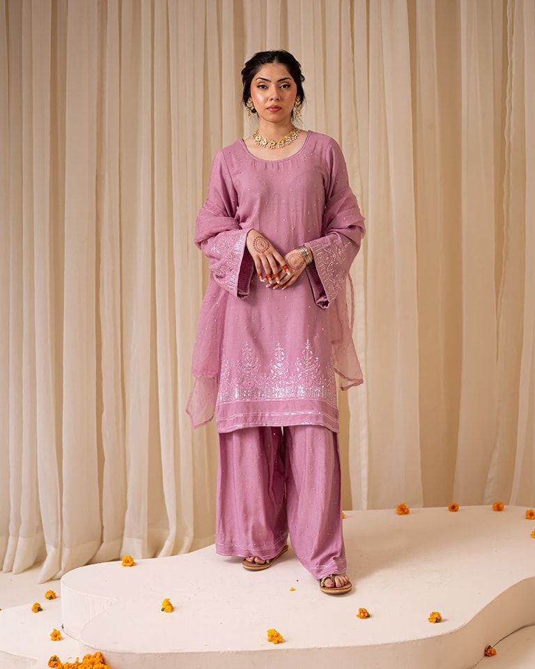 Embroidery Work Suit In Georgette With Kurti, Plazzo And Dupatta