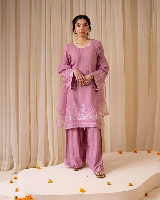 Embroidery Work Suit In Georgette With Kurti, Plazzo  And Dupatta