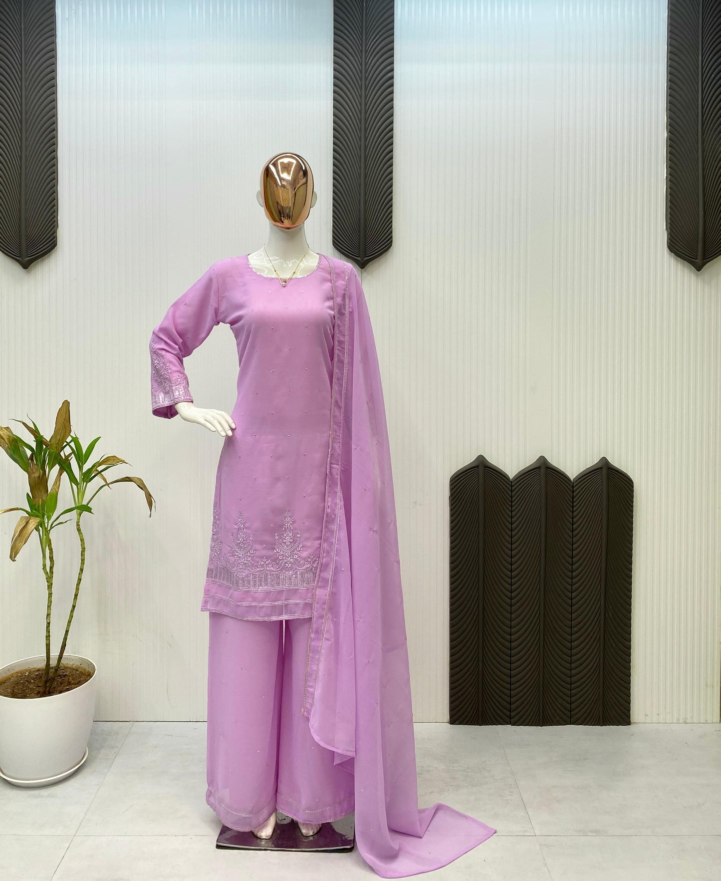 Embroidery Work Suit In Georgette With Kurti, Plazzo And Dupatta