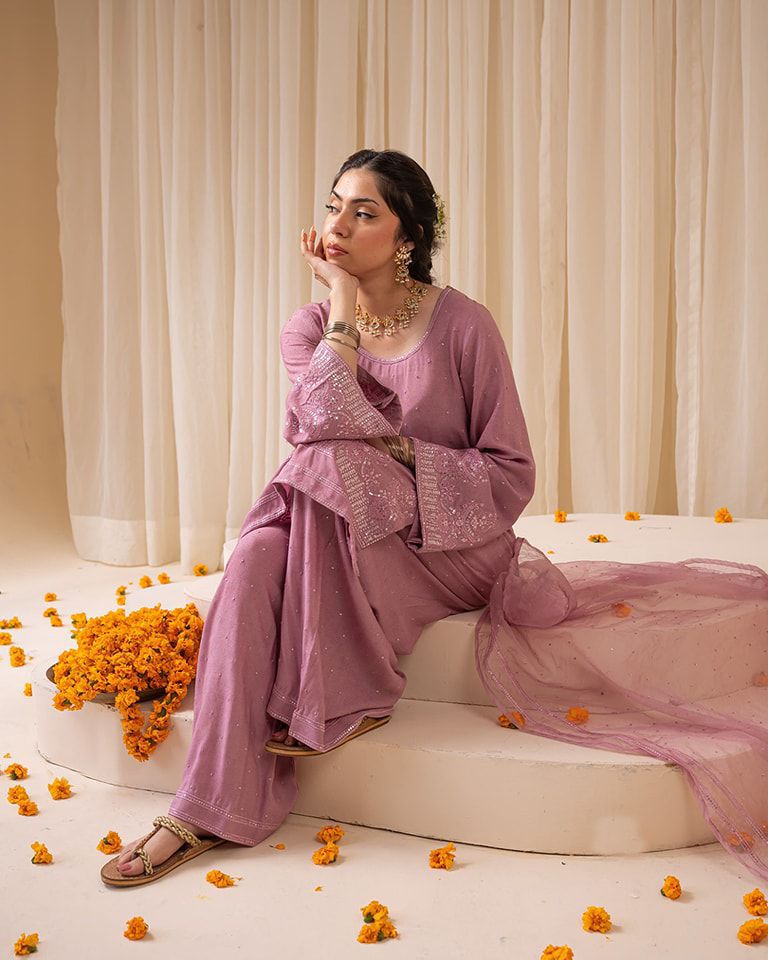 Embroidery Work Suit In Georgette With Kurti, Plazzo And Dupatta