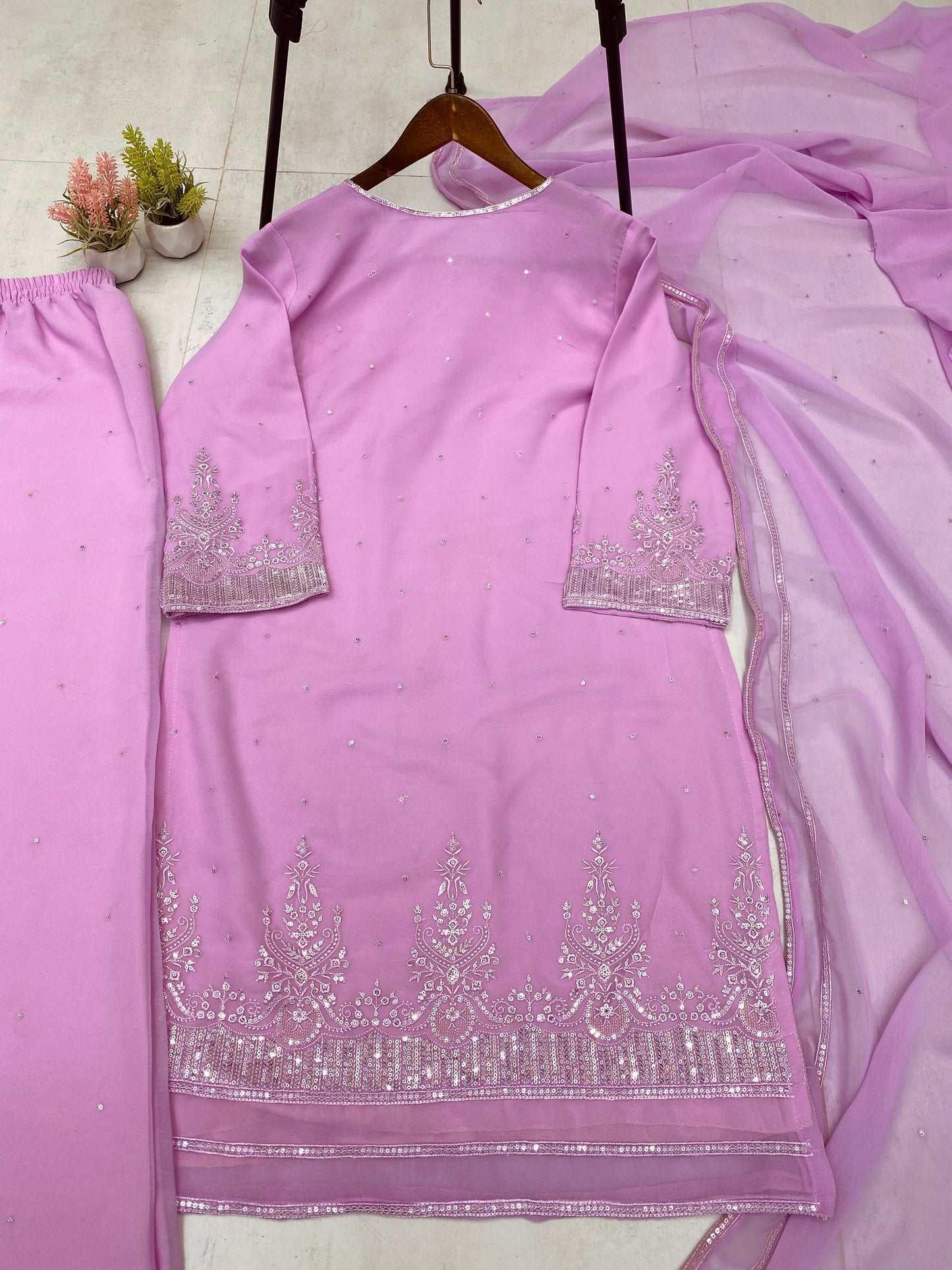Embroidery Work Suit In Georgette With Kurti, Plazzo And Dupatta