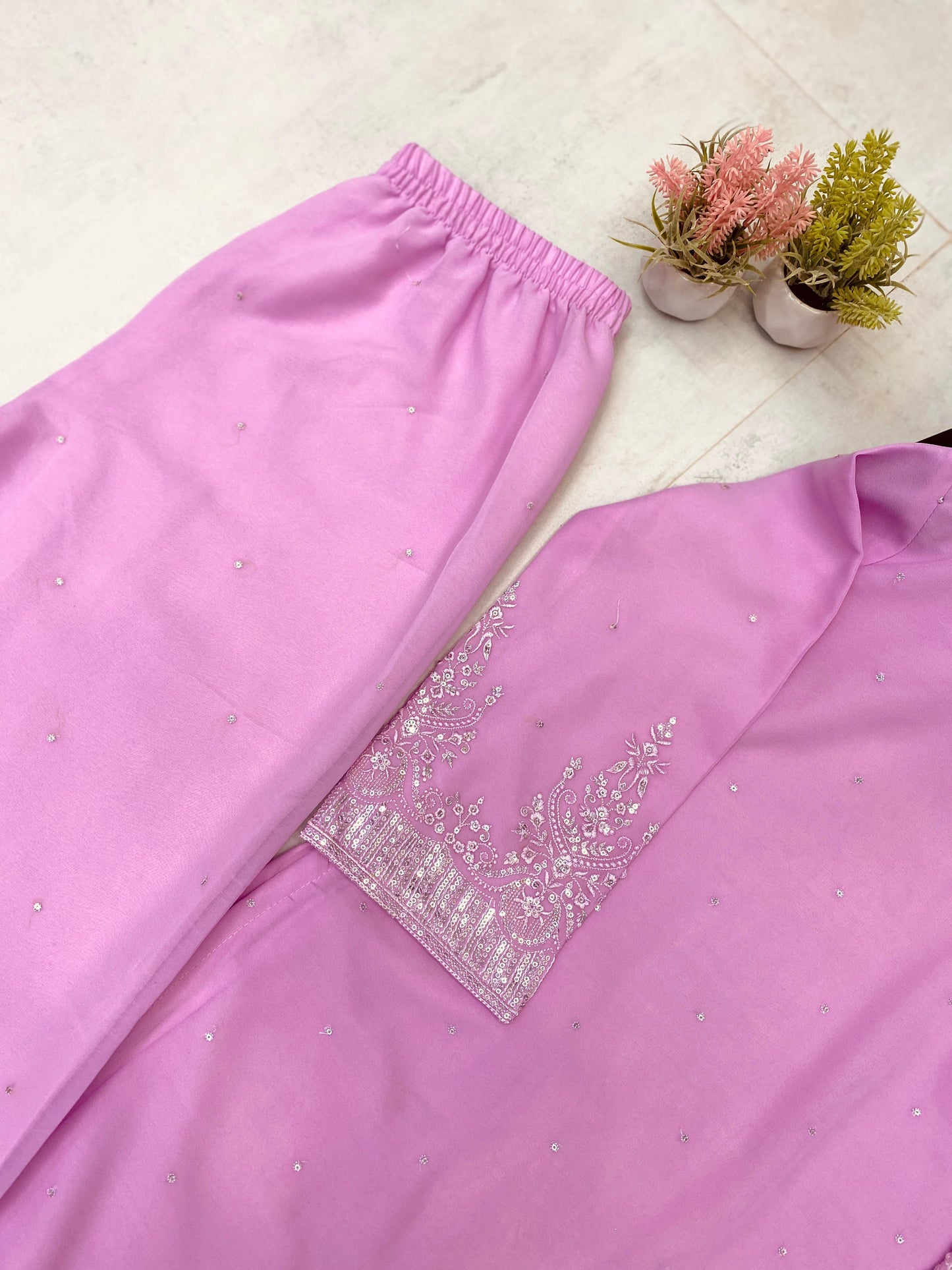 Embroidery Work Suit In Georgette With Kurti, Plazzo And Dupatta