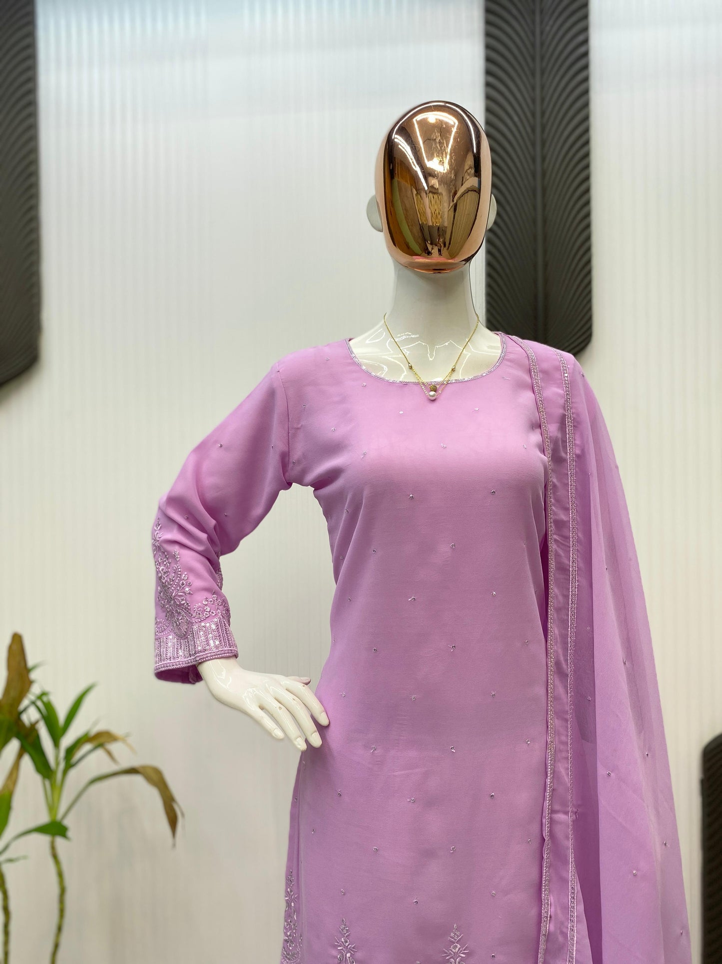 Embroidery Work Suit In Georgette With Kurti, Plazzo And Dupatta