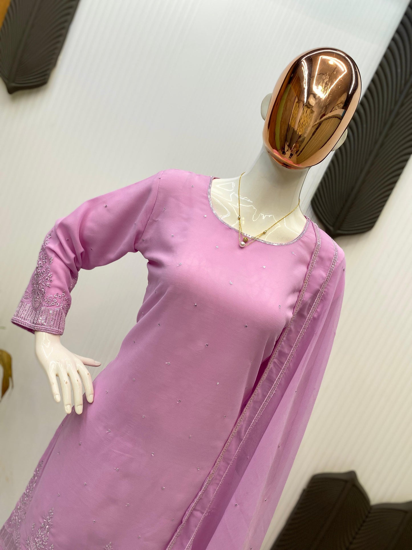Embroidery Work Suit In Georgette With Kurti, Plazzo And Dupatta