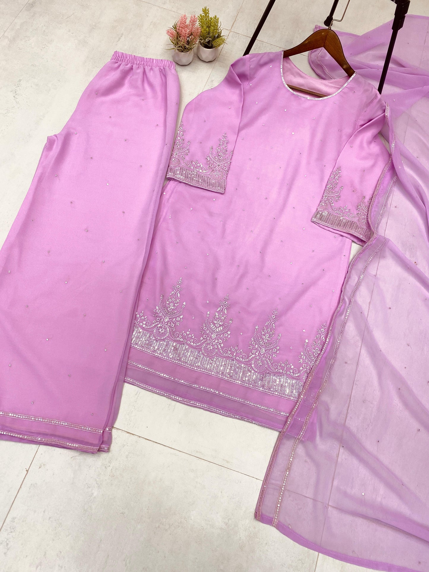 Embroidery Work Suit In Georgette With Kurti, Plazzo And Dupatta
