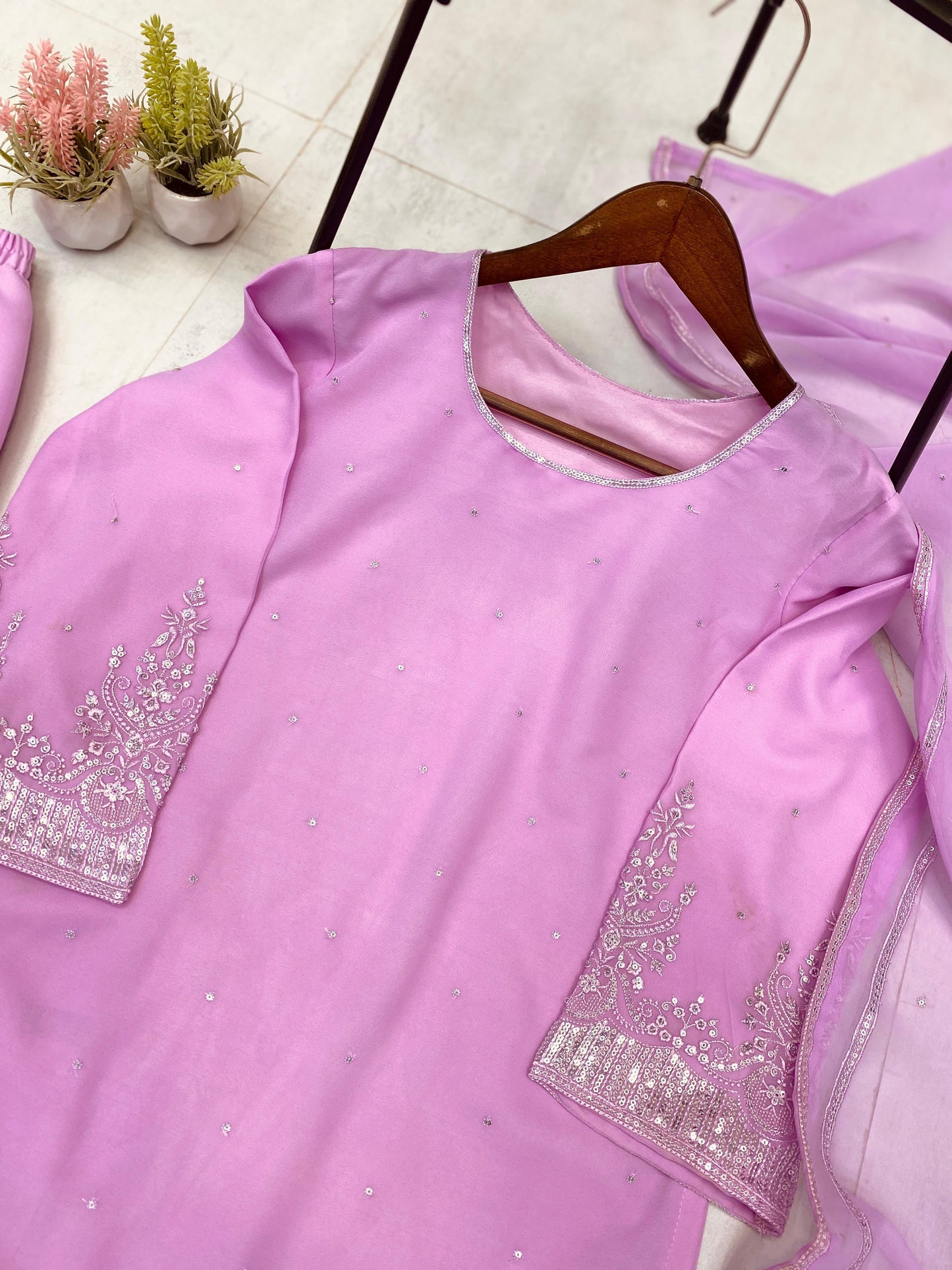 Embroidery Work Suit In Georgette With Kurti, Plazzo And Dupatta