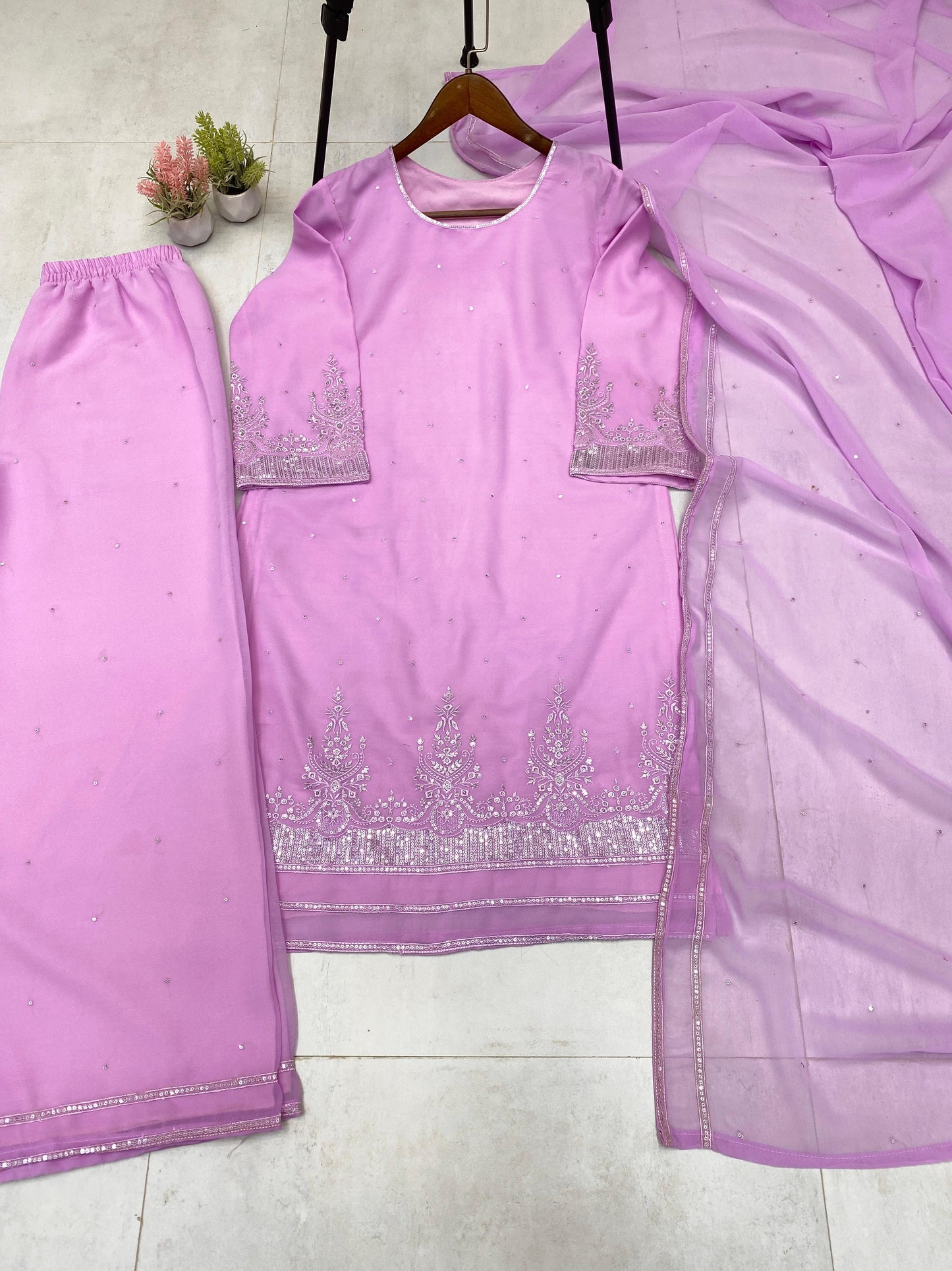 Embroidery Work Suit In Georgette With Kurti, Plazzo And Dupatta