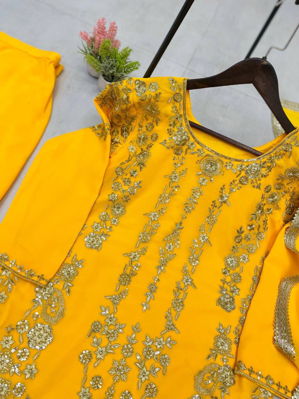 Sarara Suit In Three Piece With Sequence Embroidery Work in yellow color