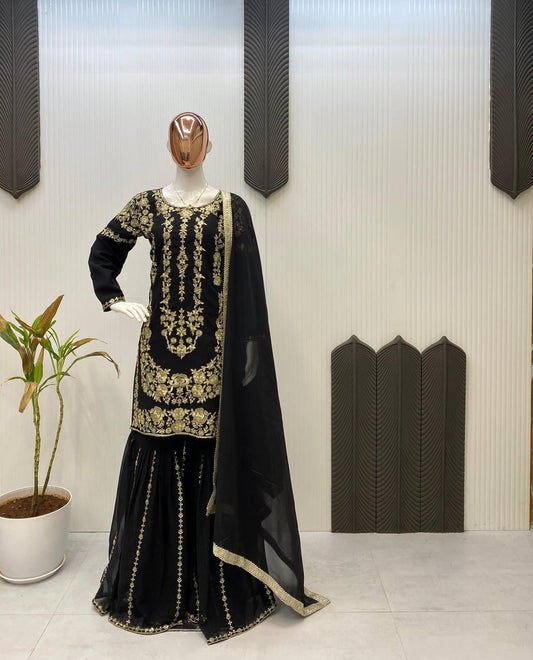 Sarara Suit In Three Piece With Sequence Embroidery Work in black color