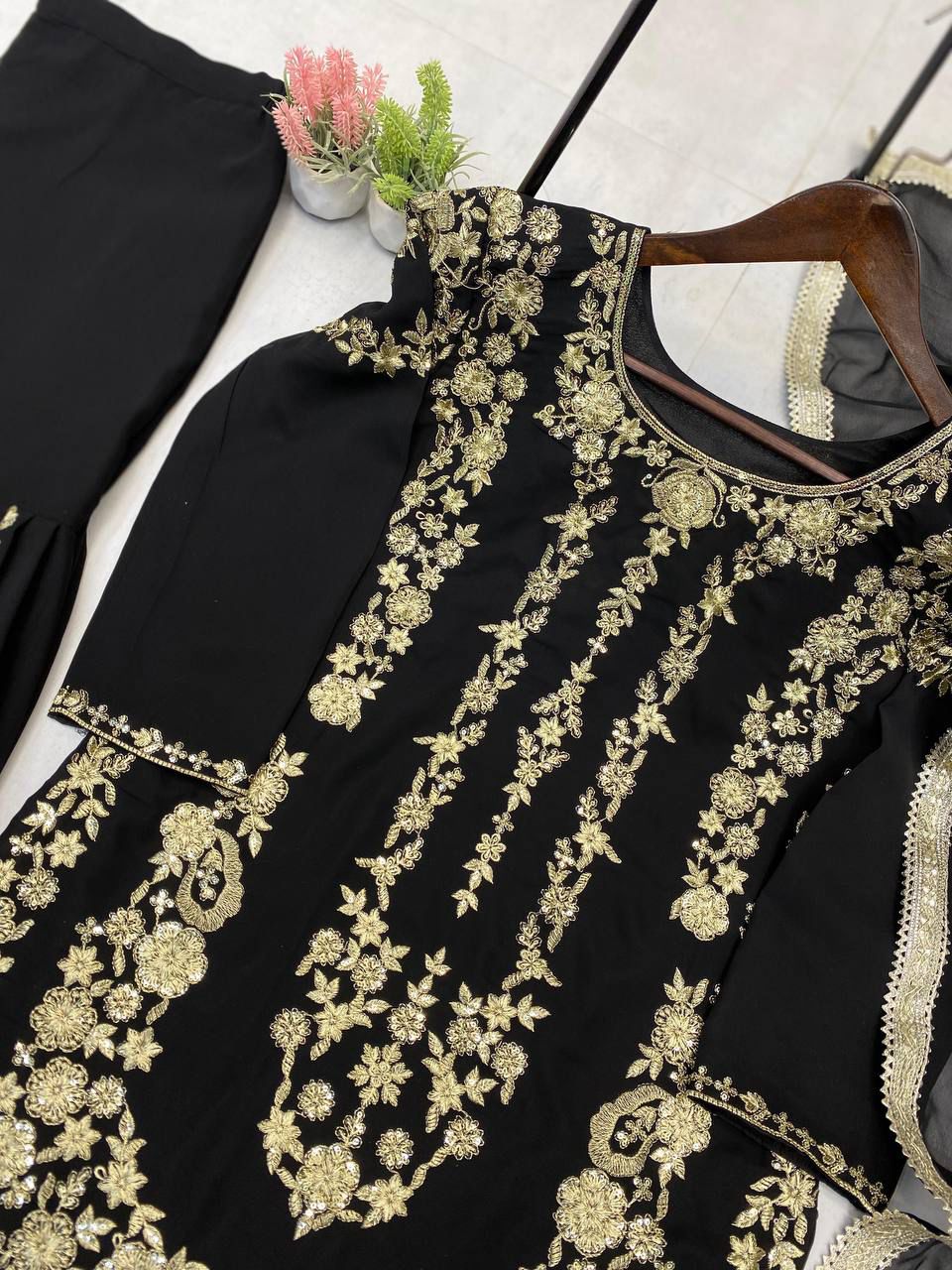 Sarara Suit In Three Piece With Sequence Embroidery Work in black color