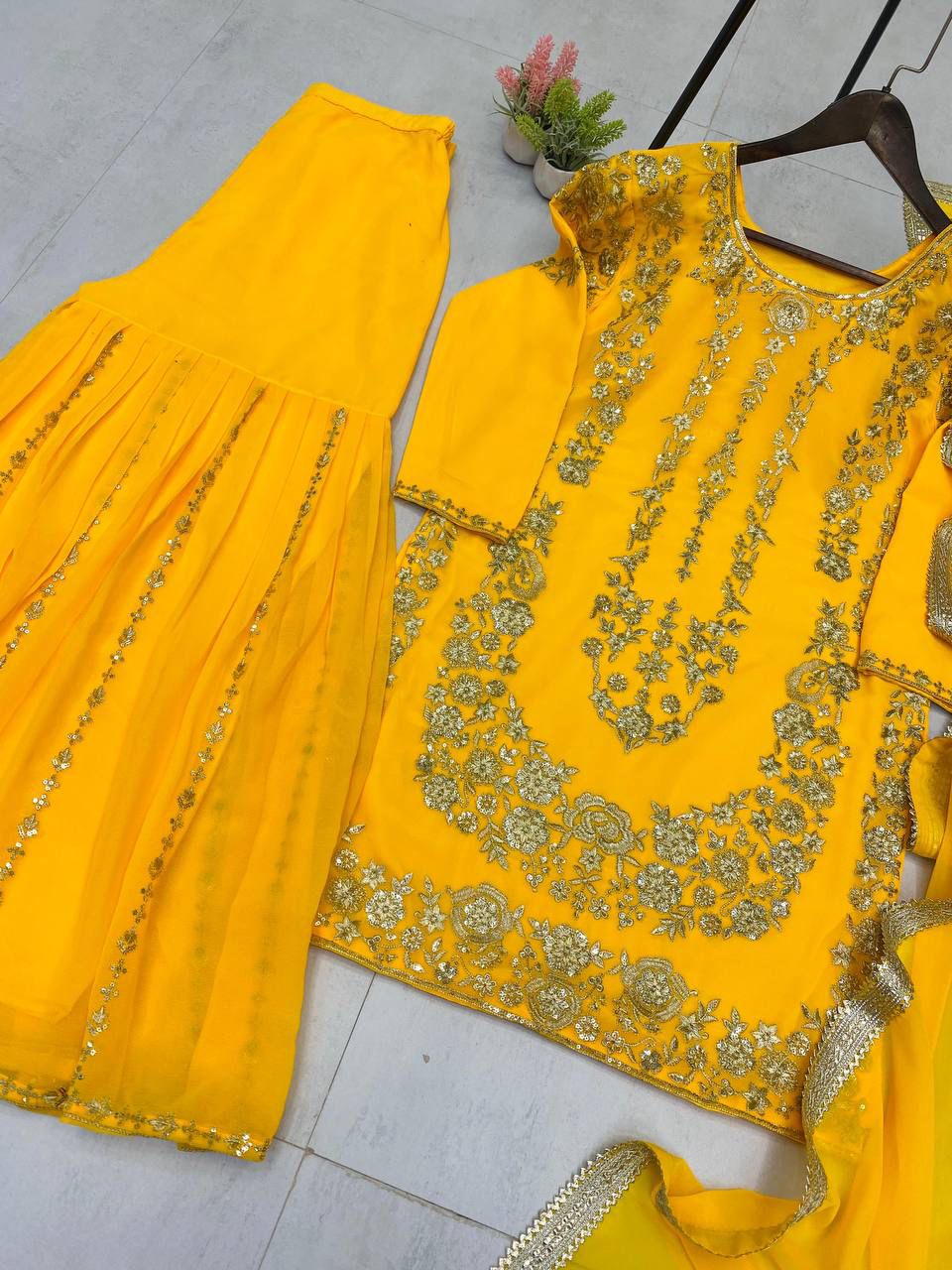 Sarara Suit In Three Piece With Sequence Embroidery Work in yellow color