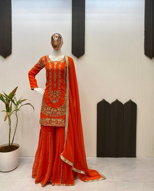 Sarara Suit In Three Piece With Sequence Embroidery Work in orange color