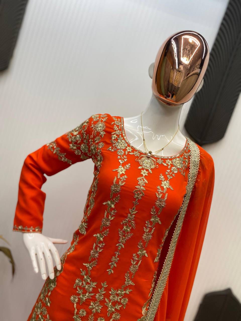 Sarara Suit In Three Piece With Sequence Embroidery Work in orange color