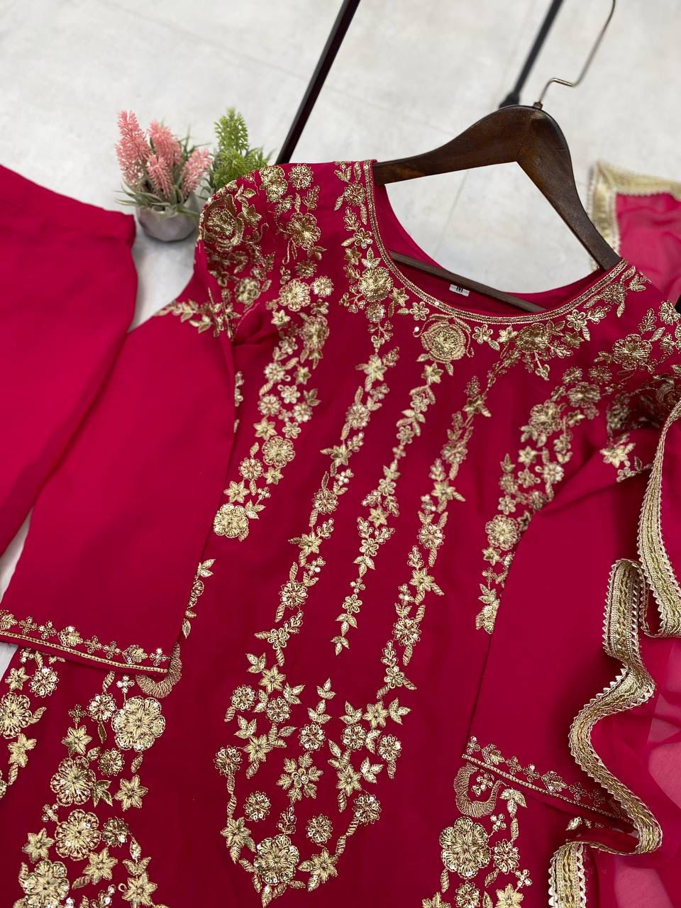 Sarara Suit In Three Piece With Sequence Embroidery Work in Pink color