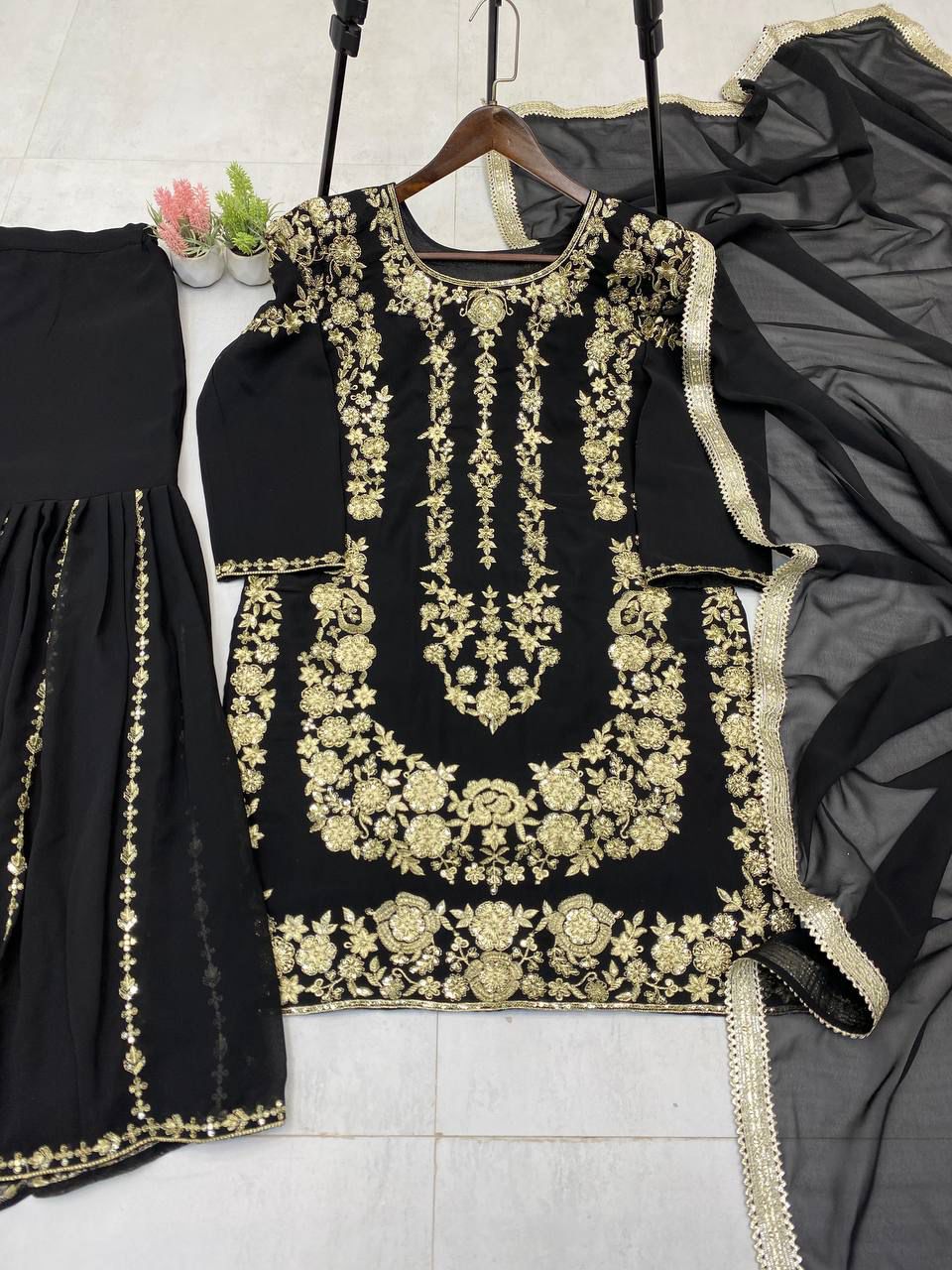 Sarara Suit In Three Piece With Sequence Embroidery Work in black color