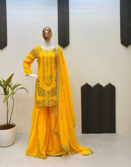 Sarara Suit In Three Piece With Sequence Embroidery Work in yellow color