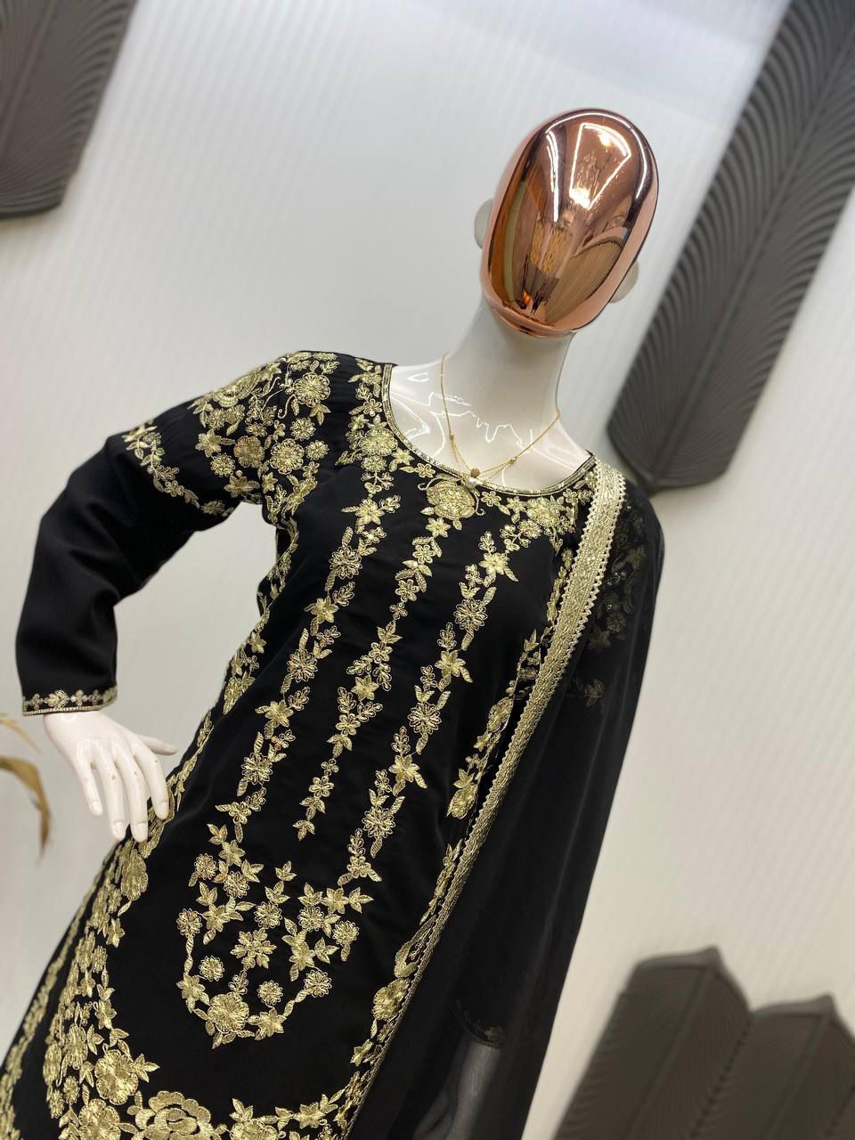 Sarara Suit In Three Piece With Sequence Embroidery Work in black color