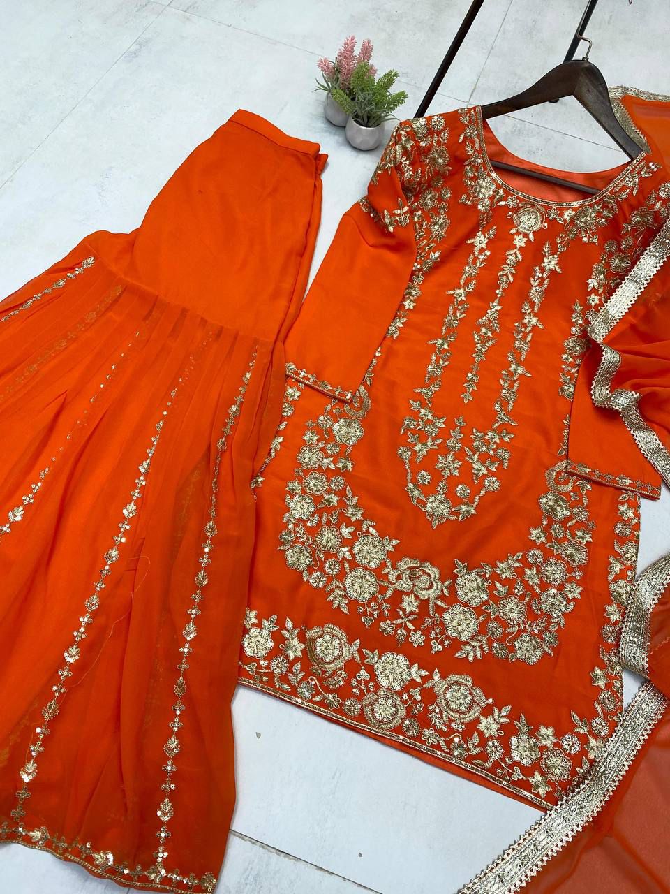 Sarara Suit In Three Piece With Sequence Embroidery Work in orange color