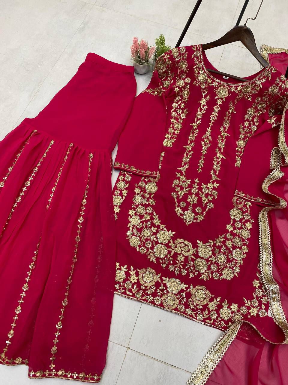 Sarara Suit In Three Piece With Sequence Embroidery Work in Pink color