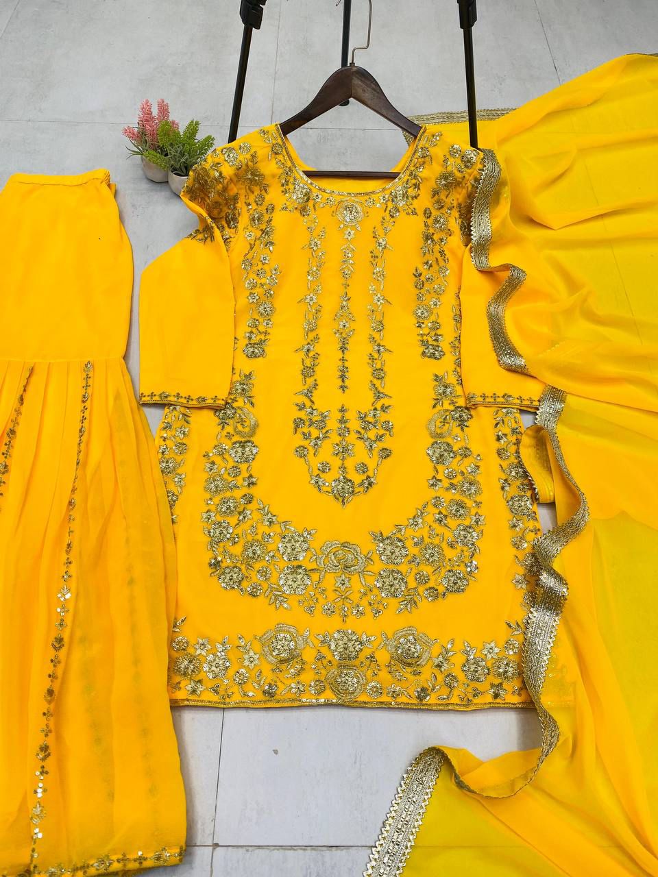 Sarara Suit In Three Piece With Sequence Embroidery Work in yellow color