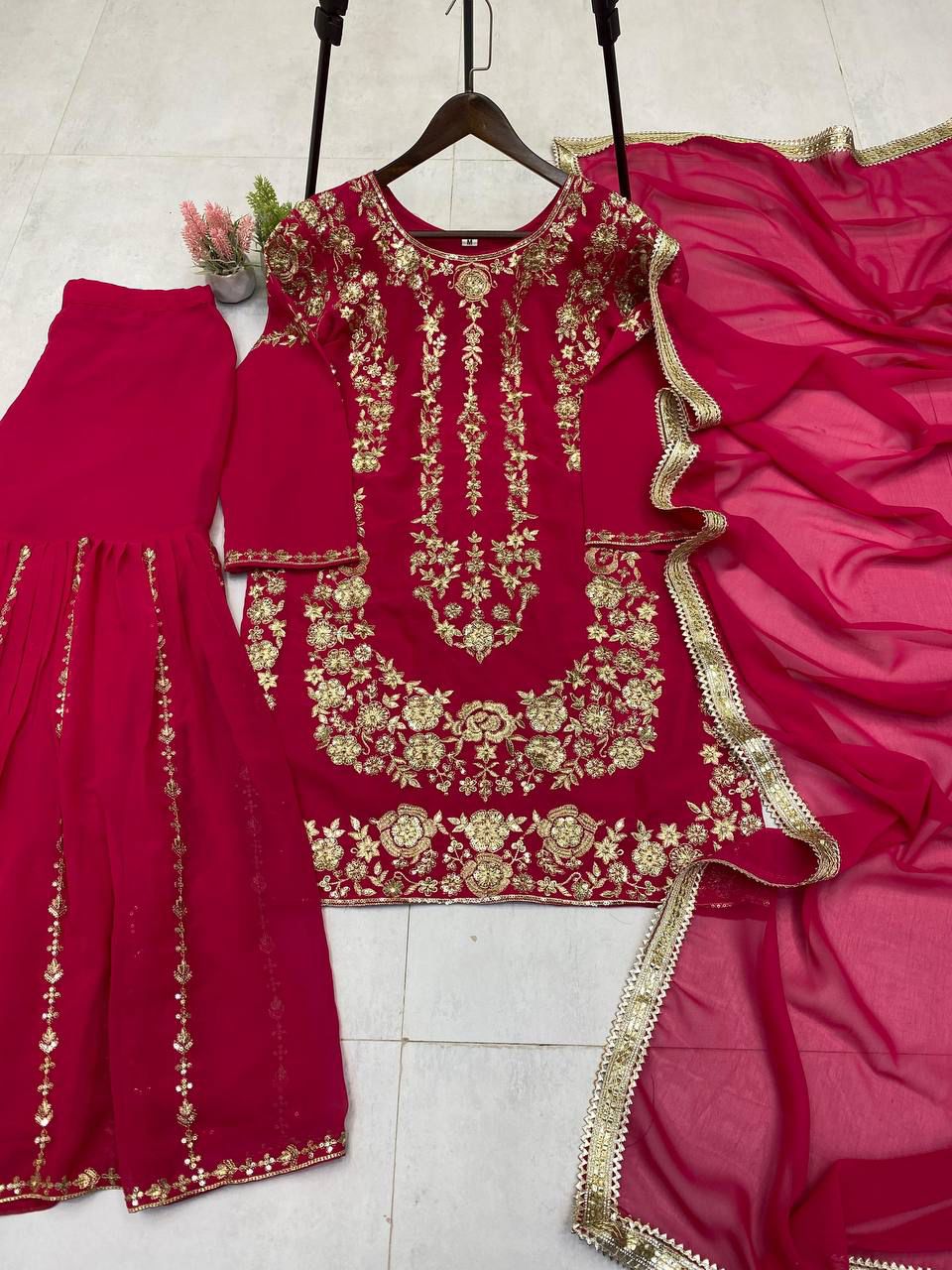 Sarara Suit In Three Piece With Sequence Embroidery Work in Pink color