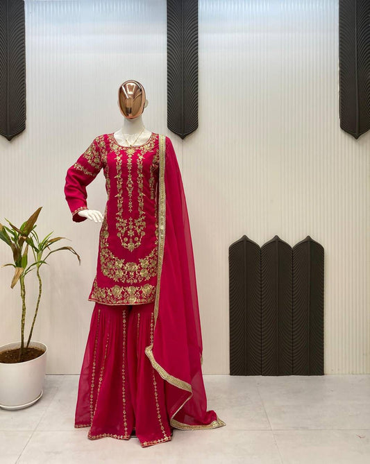 Sarara Suit In Three Piece With Sequence Embroidery Work in Pink color