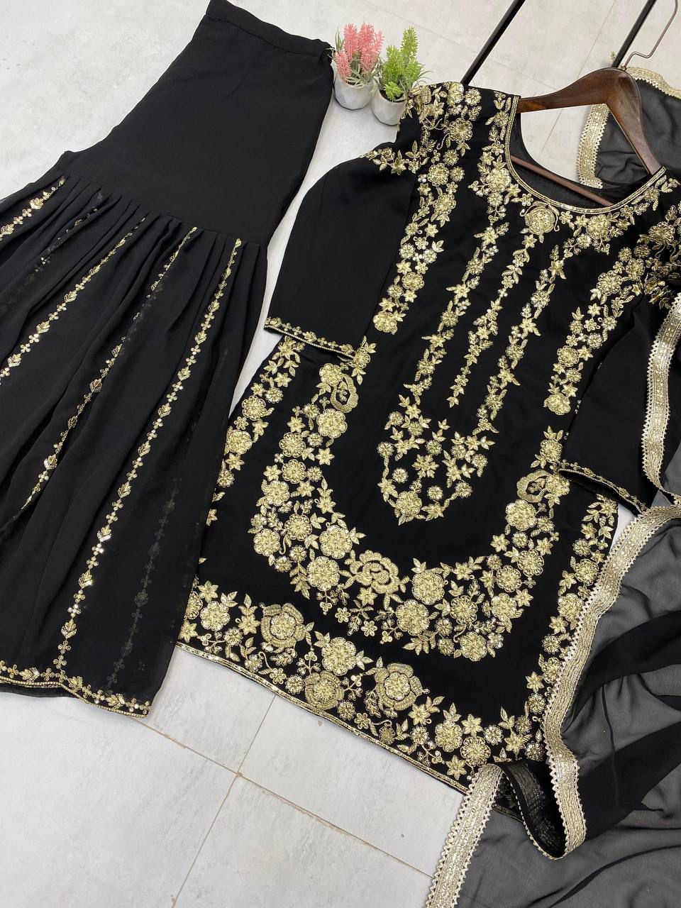 Sarara Suit In Three Piece With Sequence Embroidery Work in black color