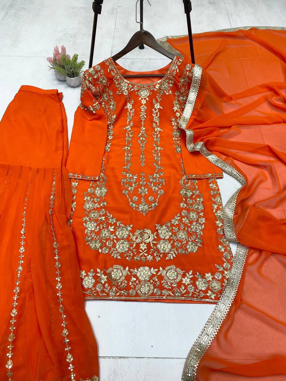 Sarara Suit In Three Piece With Sequence Embroidery Work in orange color