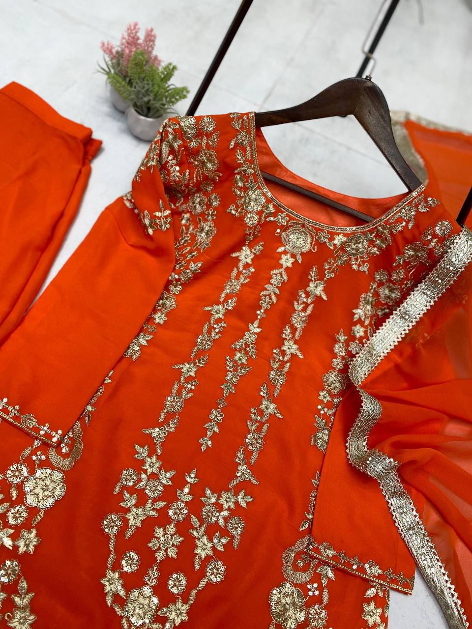 Sarara Suit In Three Piece With Sequence Embroidery Work in orange color