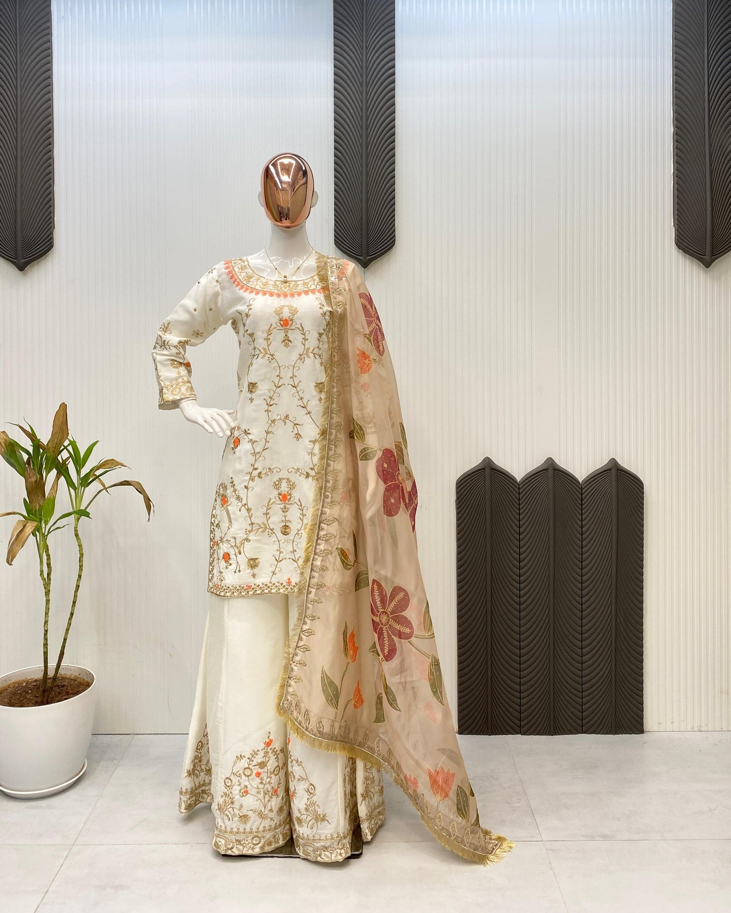 Designer Heavy Chinon With Sequence Embroidery Work Suit With Plazzo And Dupatta