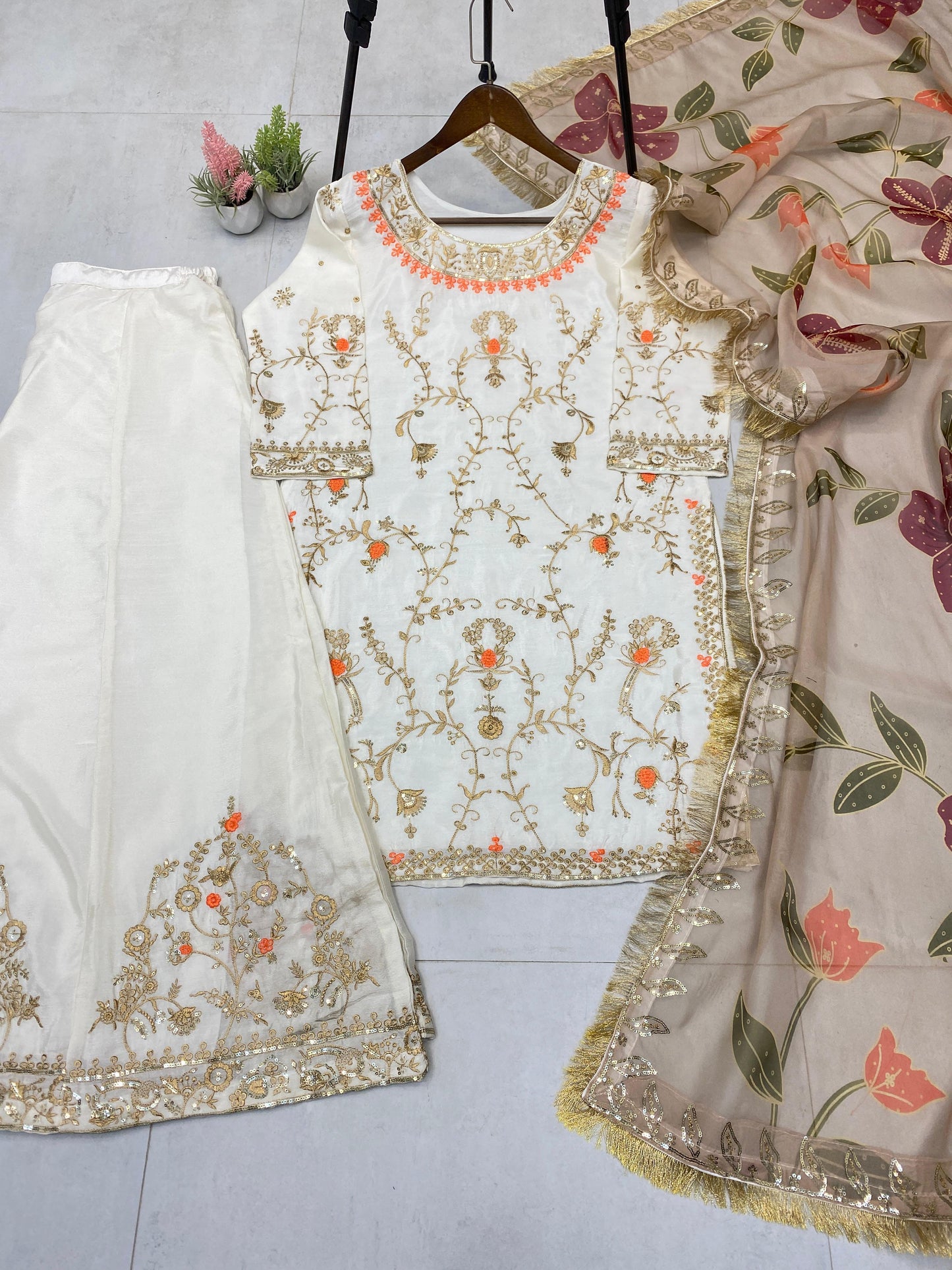 Designer Heavy Chinon With Sequence Embroidery Work Suit With Plazzo And Dupatta