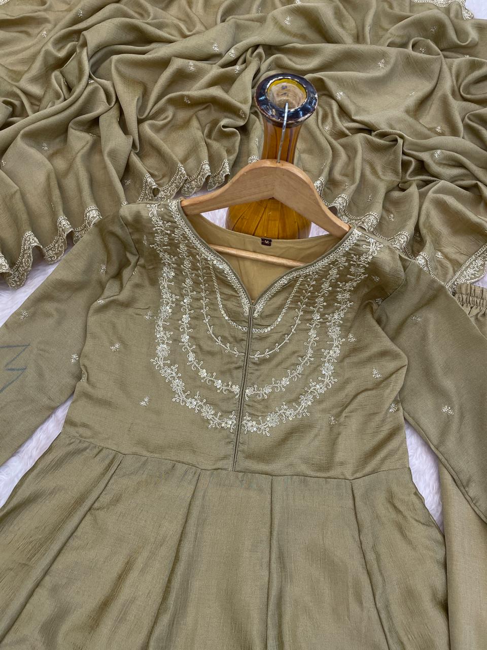 Brown Color Beautiful Partywear Dress in Vichitra Silk FAbric