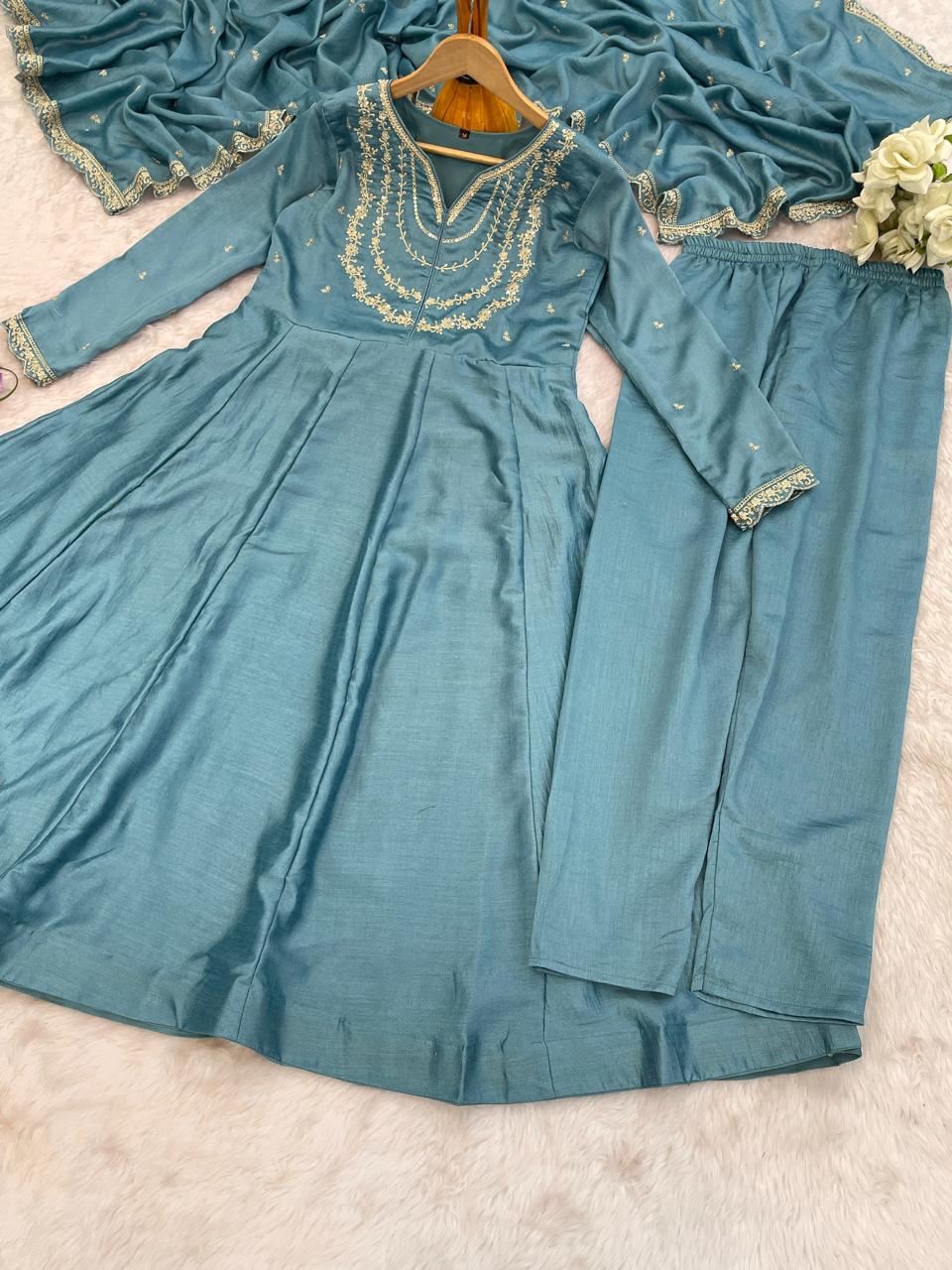 Sky BLue Color Beautiful Partywear Dress in Vichitra Silk FAbric