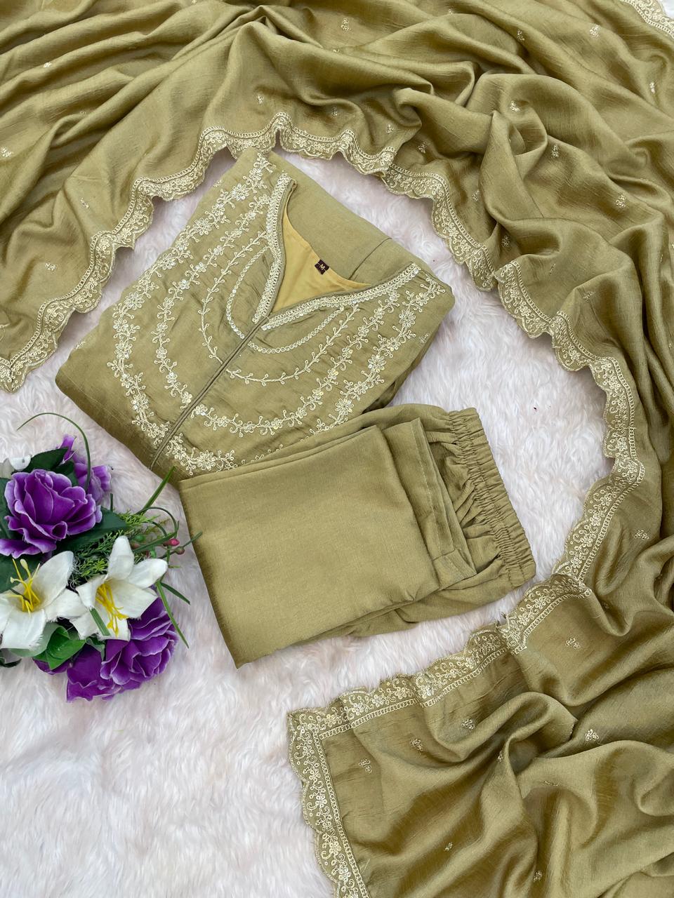 Brown Color Beautiful Partywear Dress in Vichitra Silk FAbric