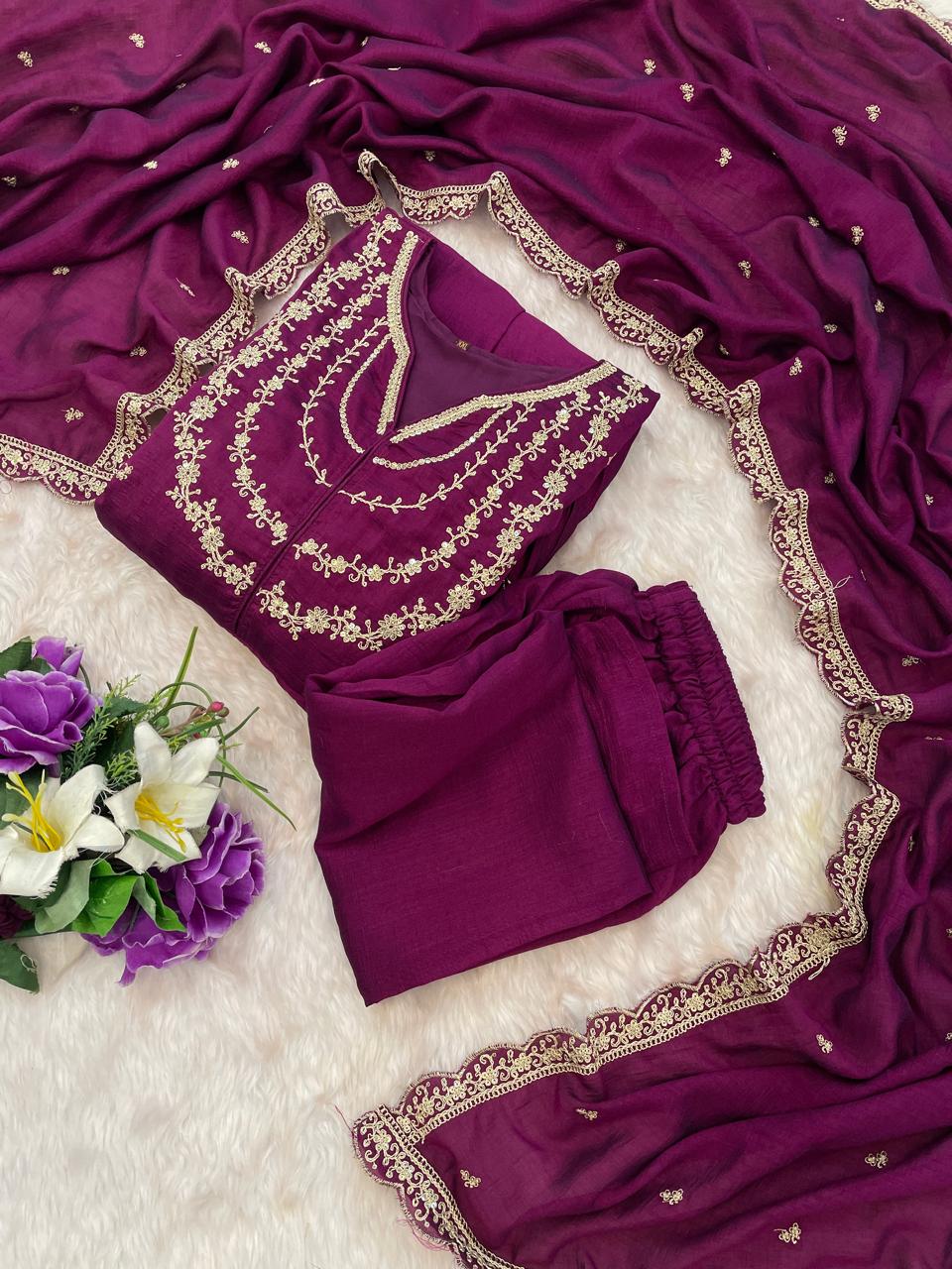 Purple Color Beautiful Partywear Dress in Vichitra Silk FAbric