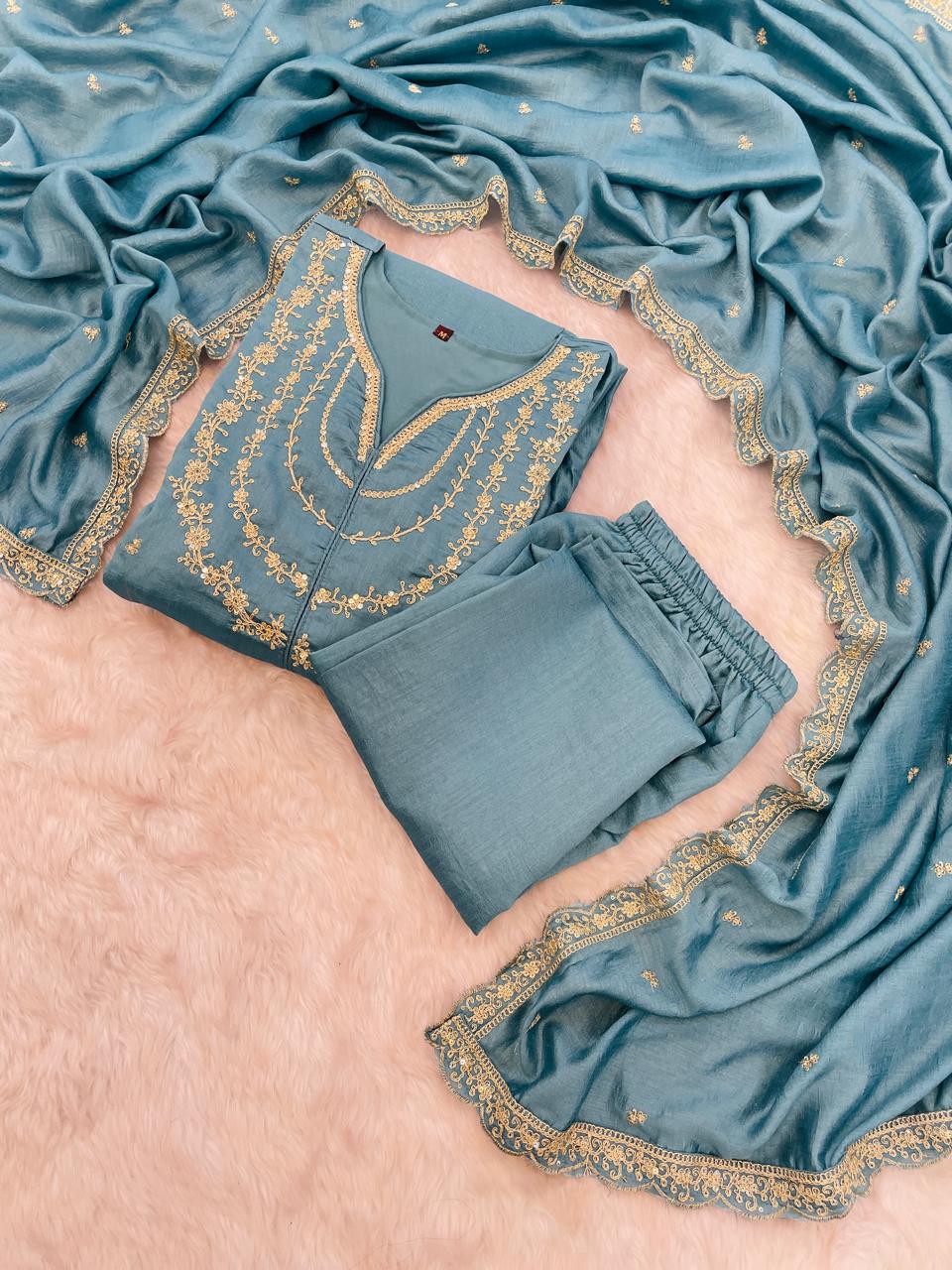 Sky BLue Color Beautiful Partywear Dress in Vichitra Silk FAbric