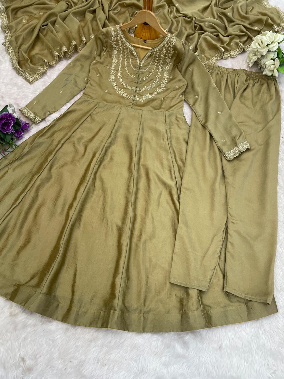 Brown Color Beautiful Partywear Dress in Vichitra Silk FAbric