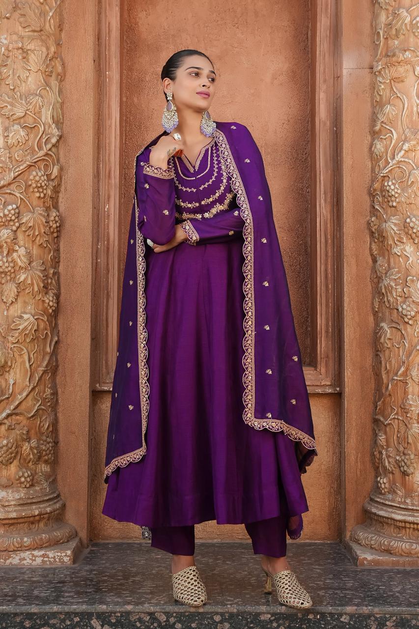 Purple Color Beautiful Partywear Dress in Vichitra Silk FAbric