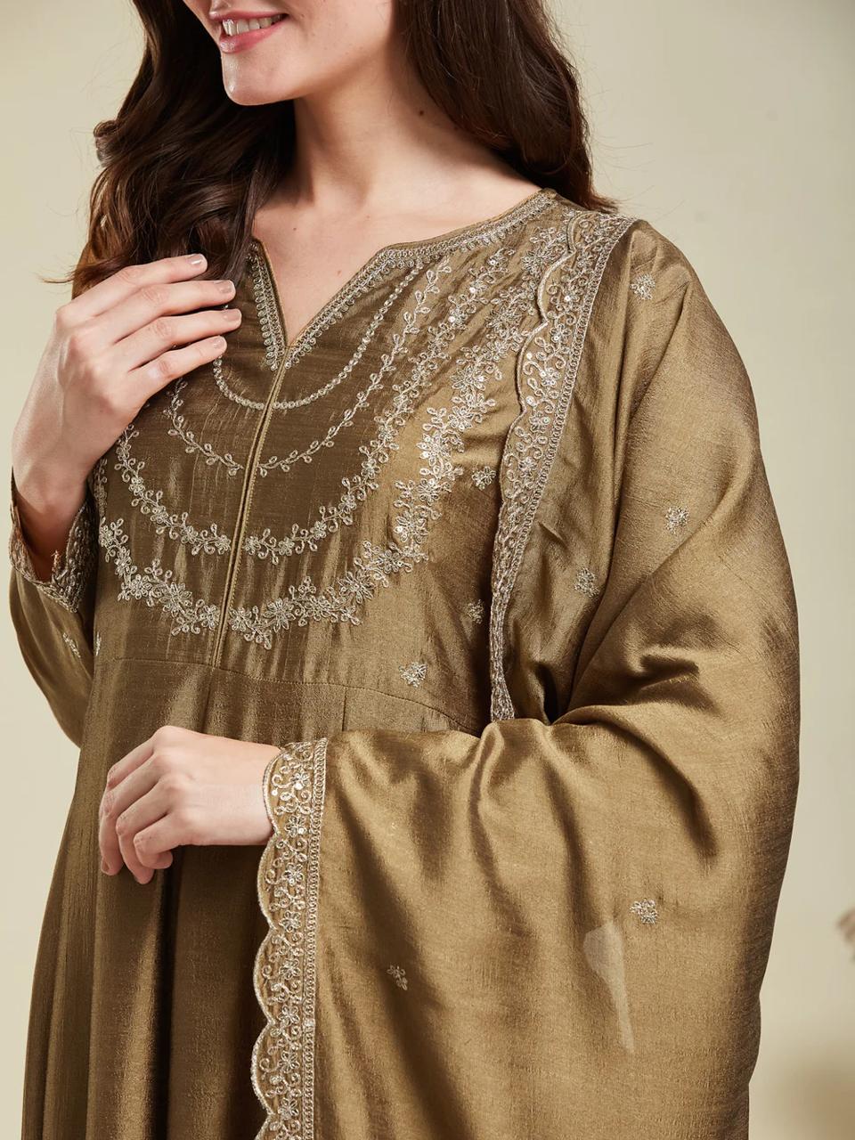 Brown Color Beautiful Partywear Dress in Vichitra Silk FAbric