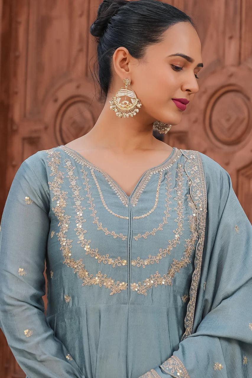 Sky BLue Color Beautiful Partywear Dress in Vichitra Silk FAbric