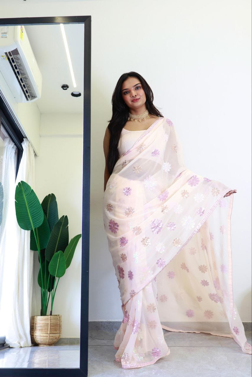 White Cream Color beautiful Sequence Saree in Georgette Fabric