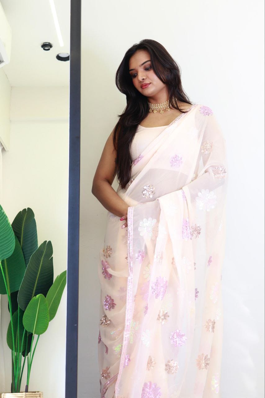 White Cream Color beautiful Sequence Saree in Georgette Fabric
