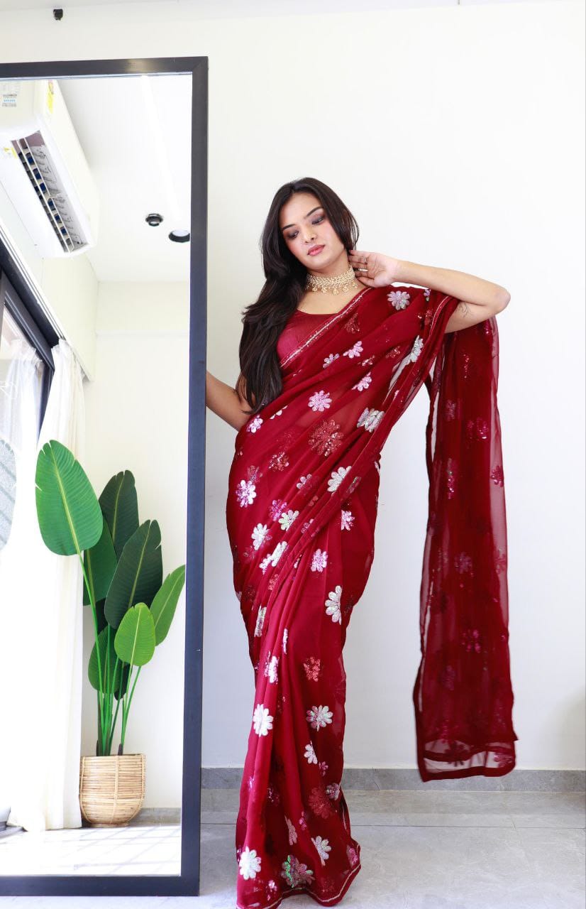 Red Color beautiful Sequence Saree in Georgette Fabric