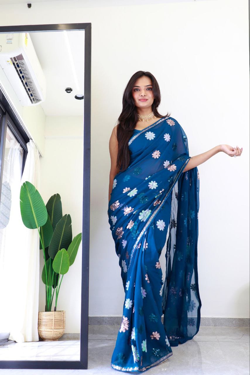 Blue Color beautiful Sequence Saree in Georgette Fabric