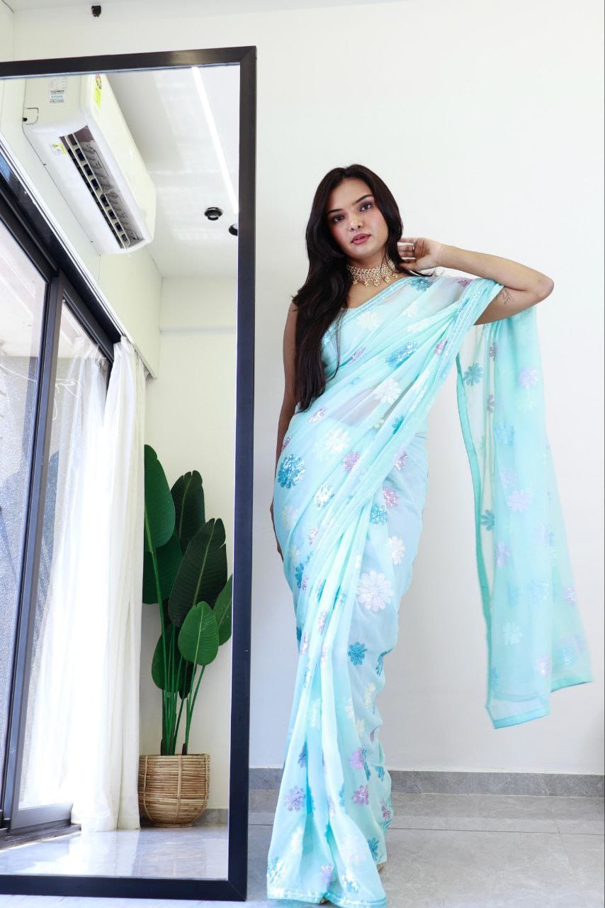 Sky Blue Color beautiful Sequence Saree in Georgette Fabric