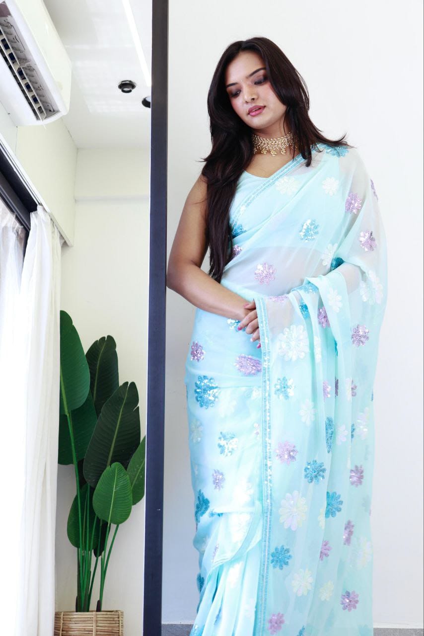 Sky Blue Color beautiful Sequence Saree in Georgette Fabric